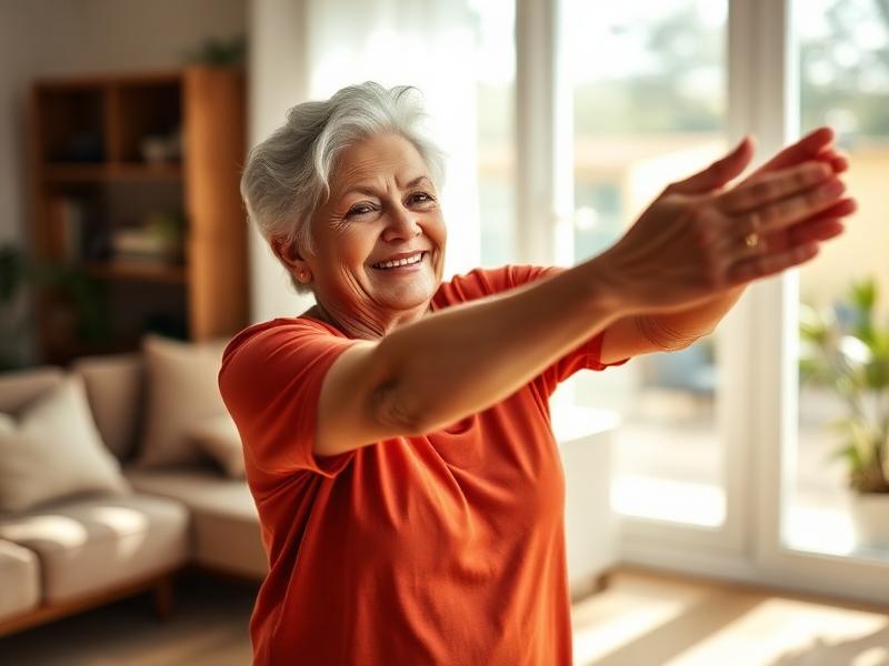 Mujer mayor haciendo ejercicio suave en casa